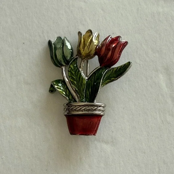 Tulip Flowers Pot Pin Brooch Jewelry Plant 1.75" - Picture 1 of 3